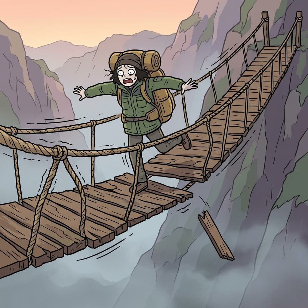 The old wooden bridge's instability made every step a terrifying gamble.