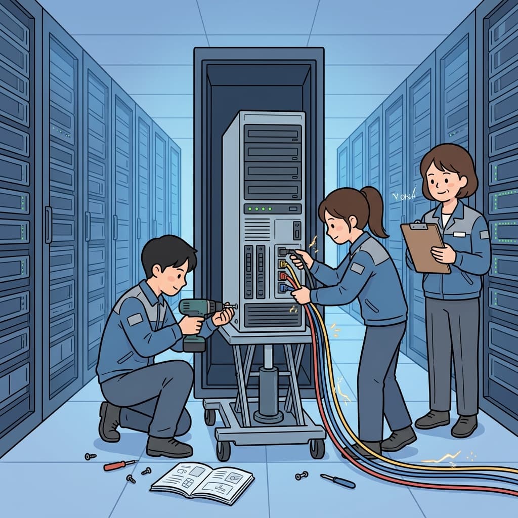The technicians install a massive new server in the data center.