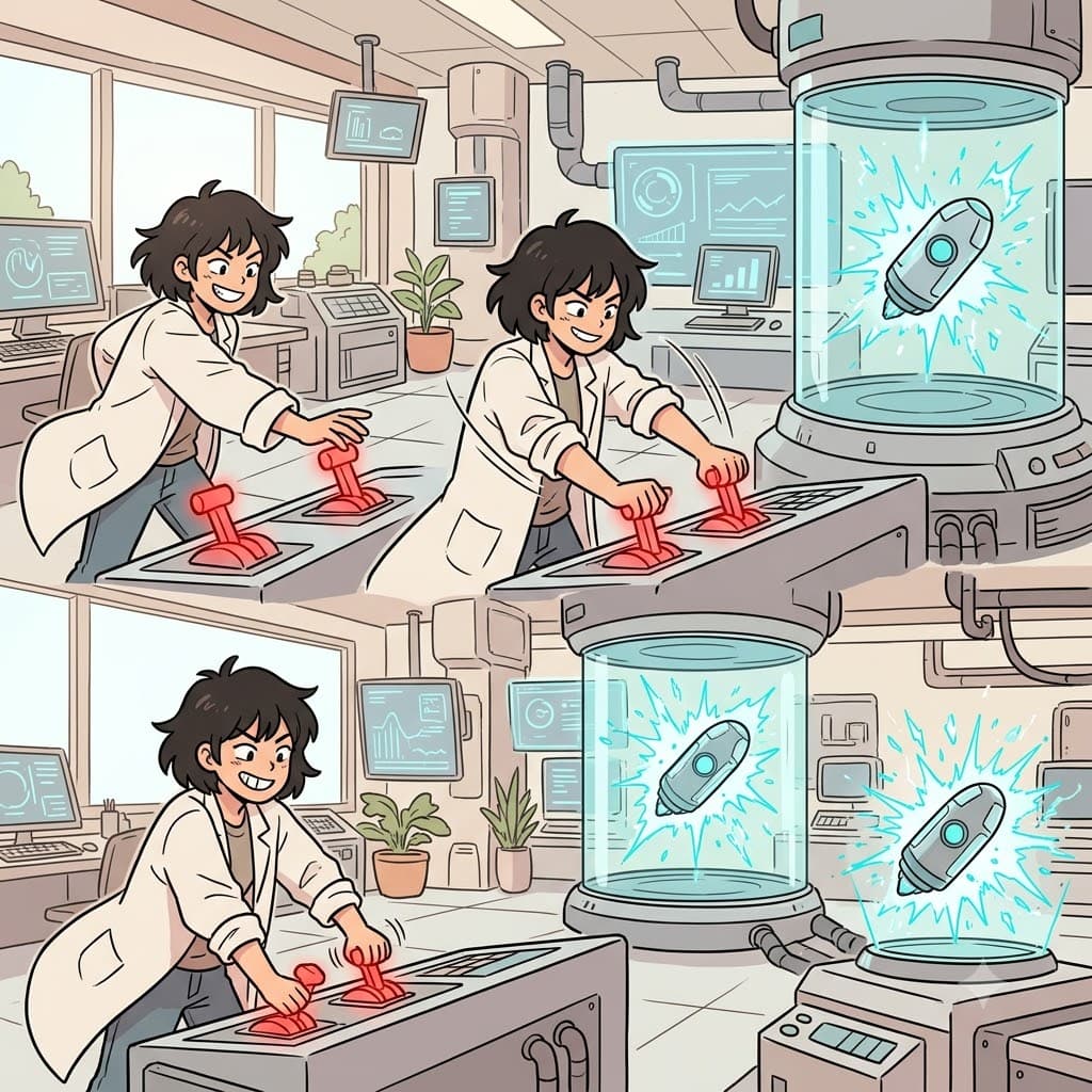 Making a spontaneous decision, the technician triggered simultaneous levers, and the capsule instantaneously jumped across space.