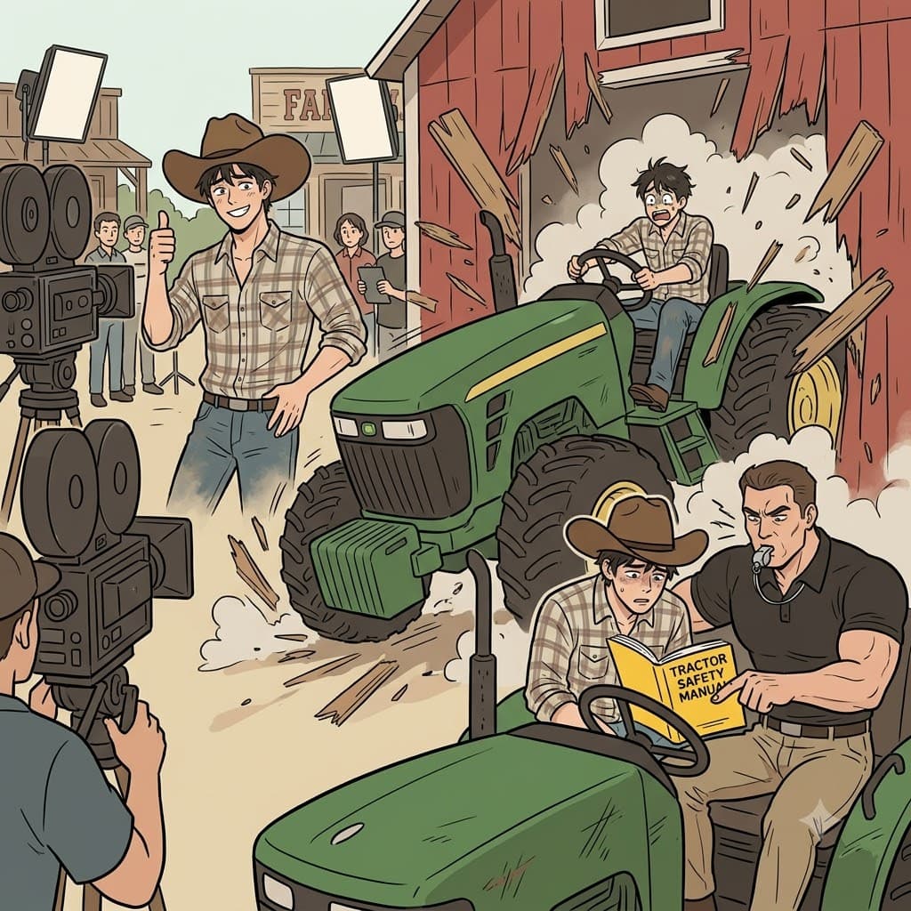 After the terrible actor violently crashed the farm tractor, the movie studio forced him to hire a strict driving instructor.