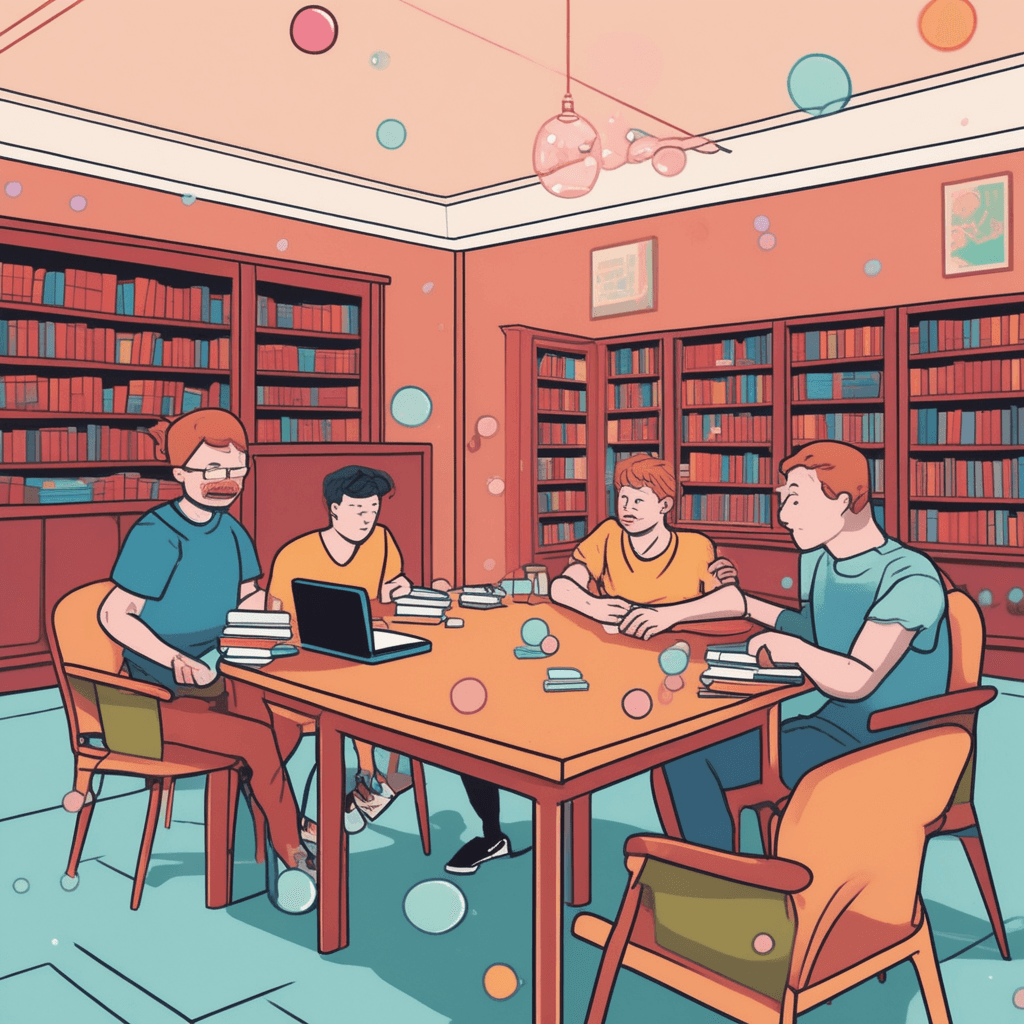 a person loudly chews gum while popping bubbles and tapping their fingers rhythmically on the table. They slouch in their chair while humming and rustling through papers noisily. The constant noise disrupts everyone trying to read peacefully around them. Other library visitors cover their ears, frown deeply, and look away in visible frustration. Some people gather their books to leave while shooting annoyed glances back. behavior that is extremely annoying and impossible to tolerate