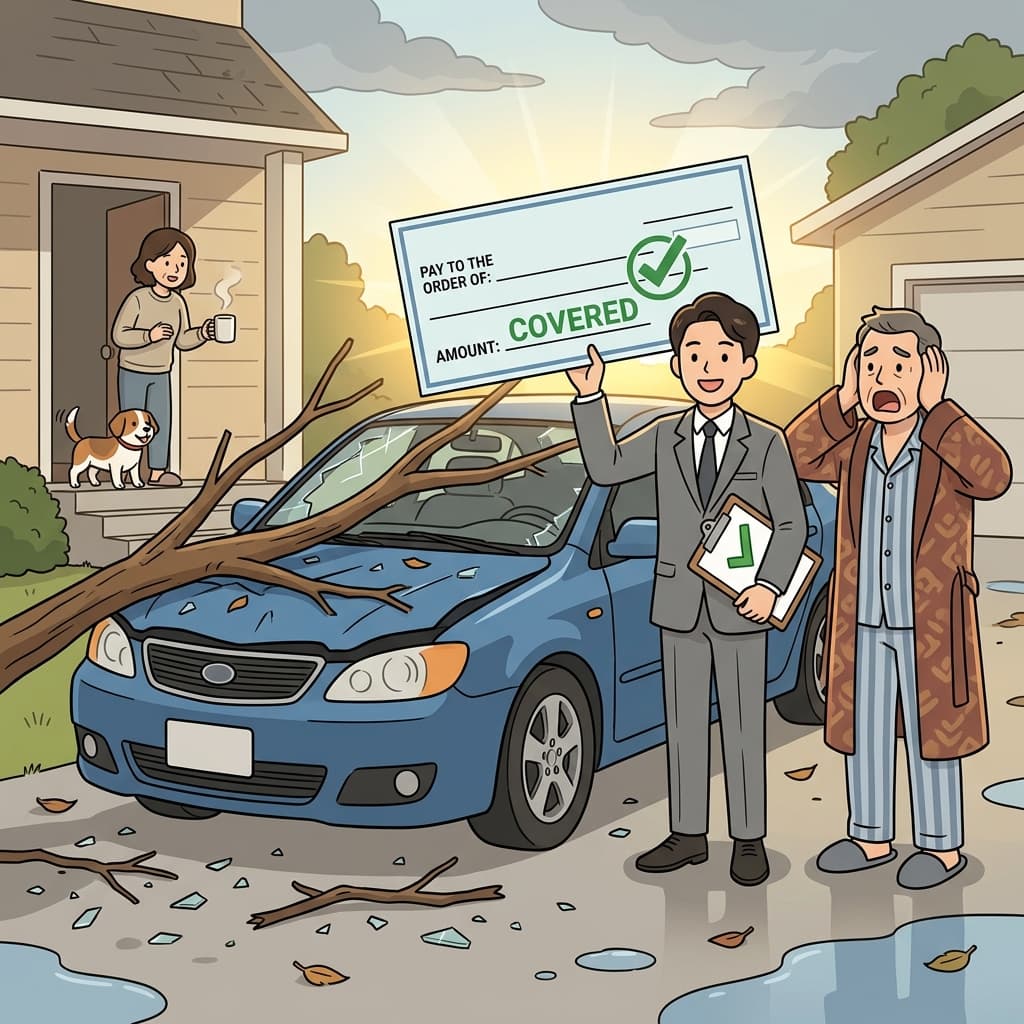 After the storm crushed his car, insurance covered every dollar of the damage.