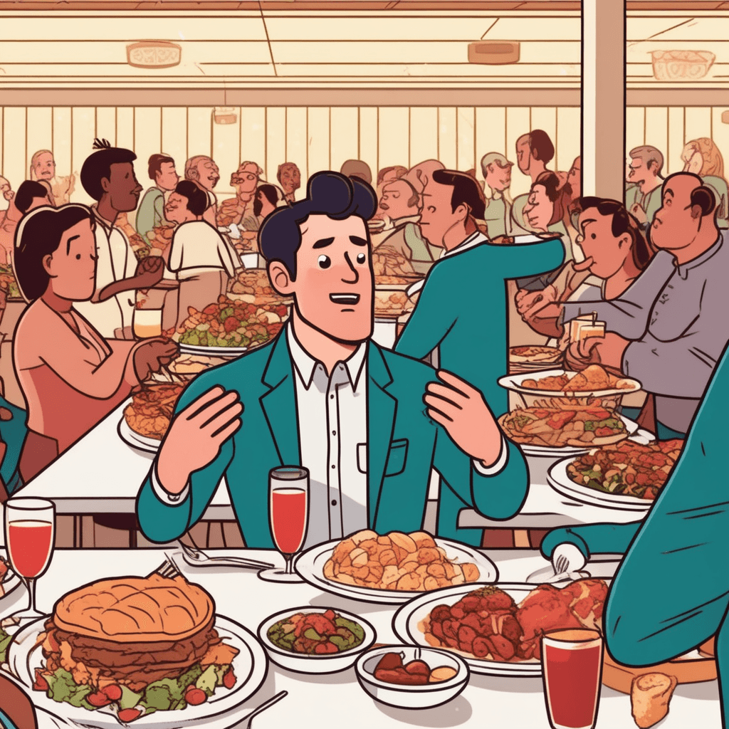 a heavy-set man sits surrounded by towering plates of food, frantically shoving multiple items into his mouth at once. Food crumbs and sauce stains cover his shirt as he reaches for even more dishes with both hands. The table around him overflows with empty plates, spilled drinks, and scattered napkins from his excessive eating. Other diners at nearby tables stare in shock and disgust at his uncontrolled behavior. Restaurant staff look concerned as they watch the mess growing around his table. A waiter hesitates nearby, unsure whether to approach the chaotic scene. complete lack of self-control and immoderate behavior