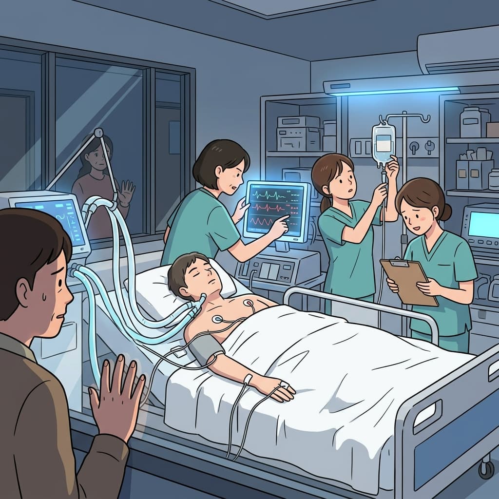 Doctors race to stabilize a patient in the hospital's intensive care unit.