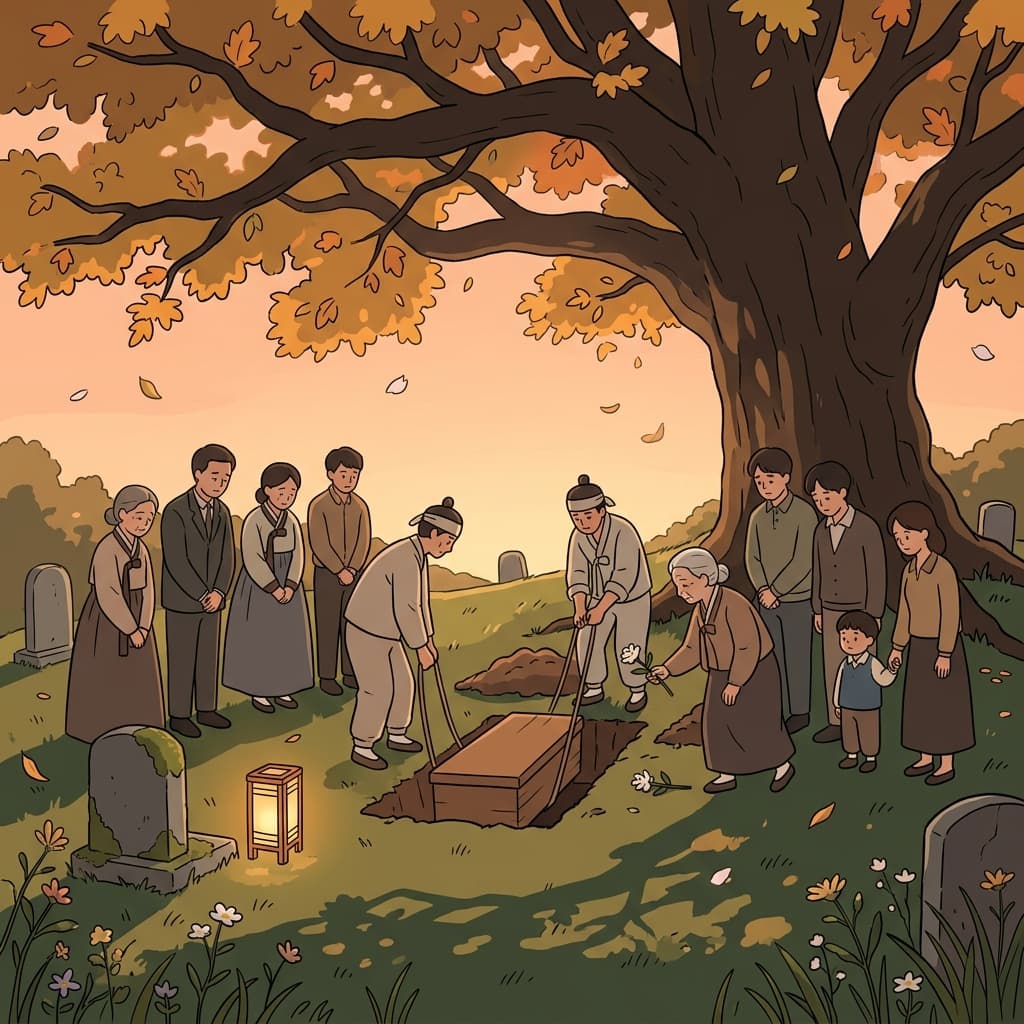 The village gathers at dusk to inter the beloved elder beneath the old oak tree.