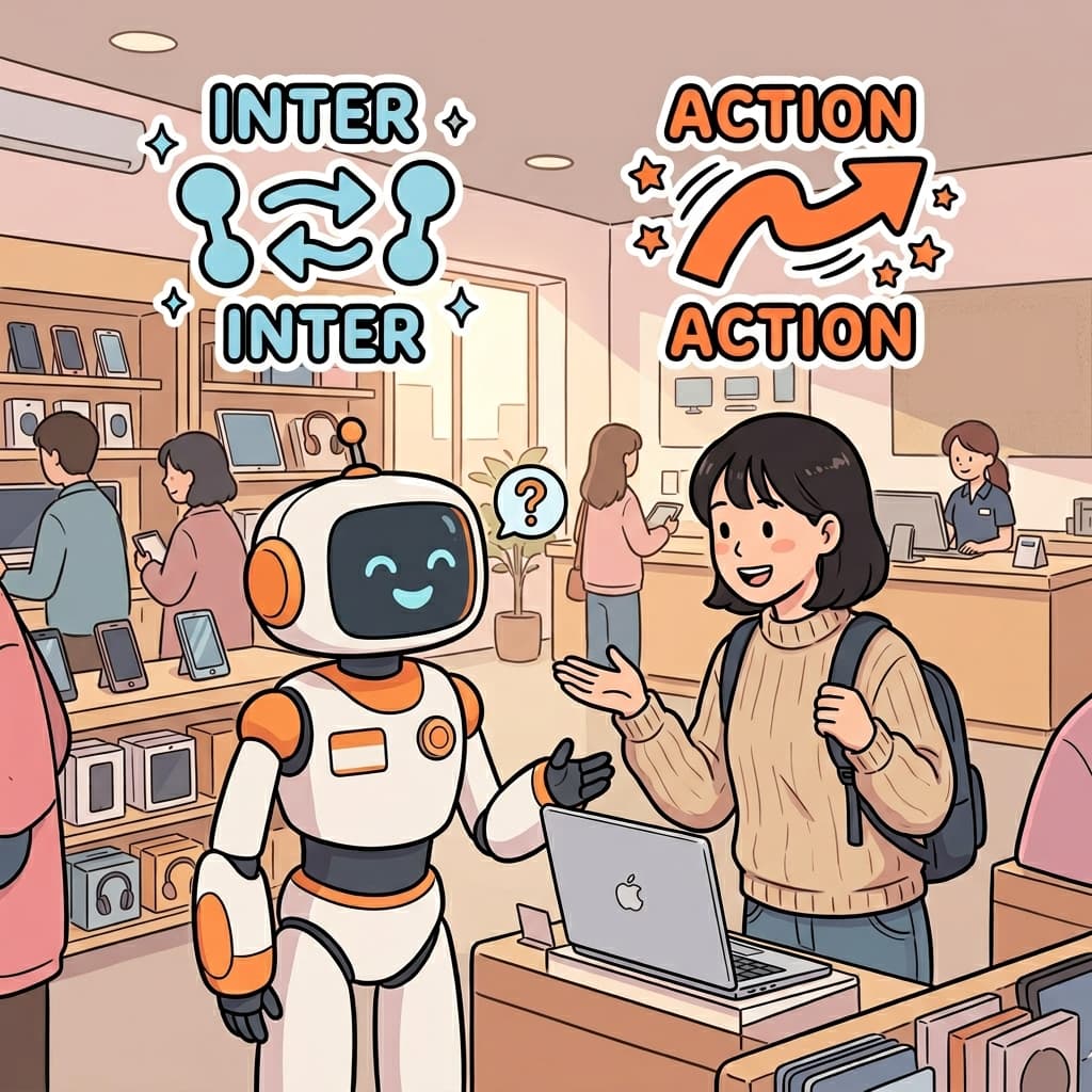 Customers interacted with the robot assistant in the store. (INTER + ACTION = INTERACT)