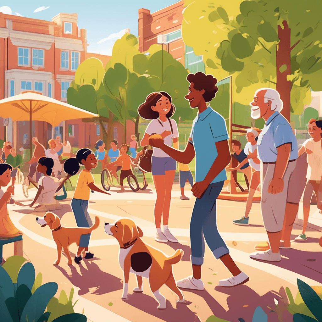 A young girl interacts with an elderly man through his friendly dog