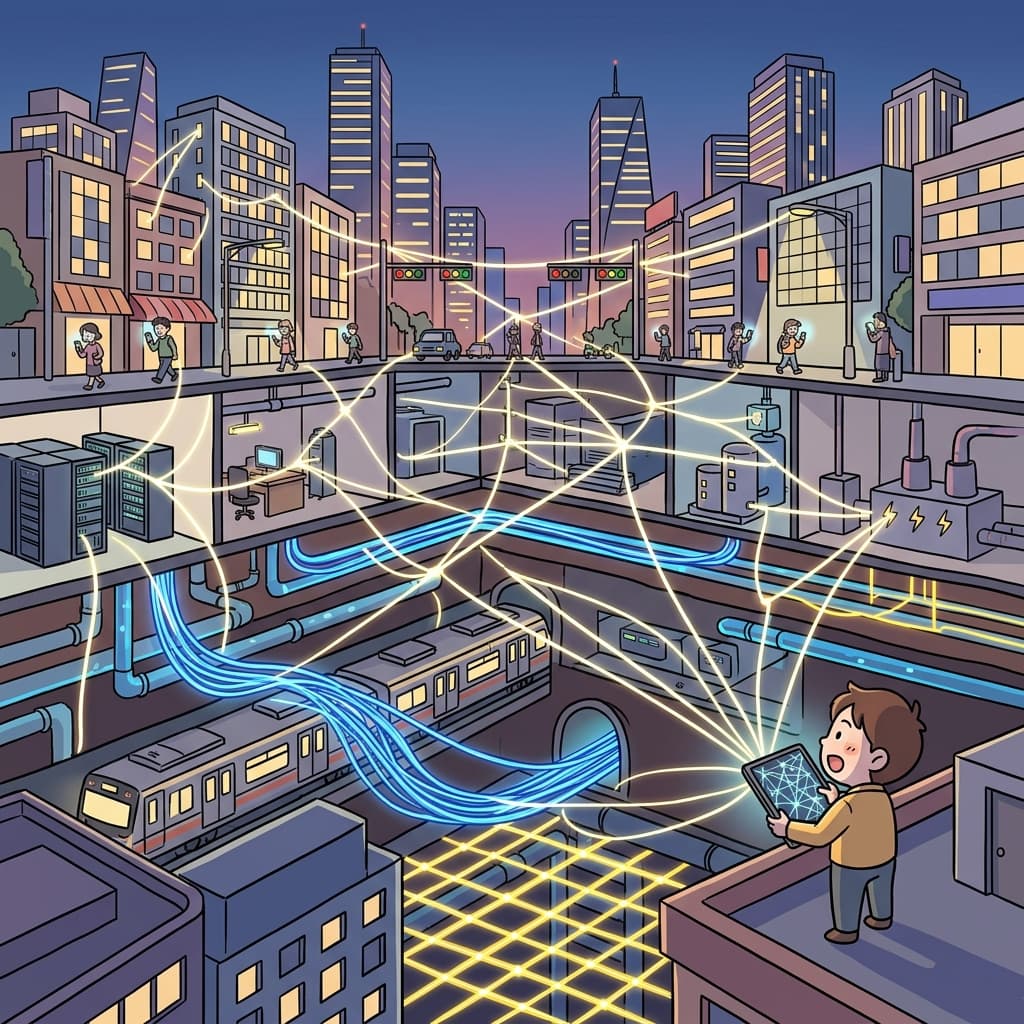 Subway lines, power grids, and data cables show how interconnected the city really is.