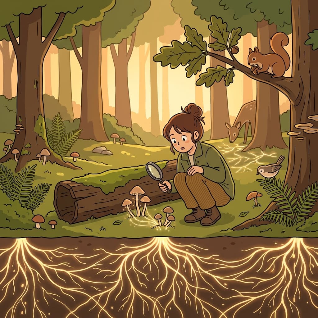 The forest shows deep interconnectedness — every root, mushroom, and tree shares one hidden network.