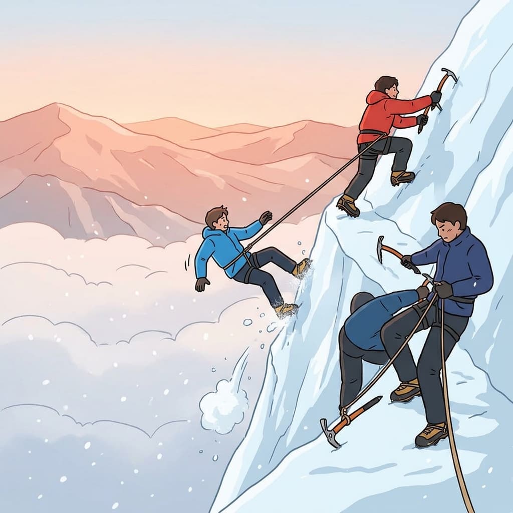 Mountain climbers roped together are interdependent — one slip, and the team catches the fall.