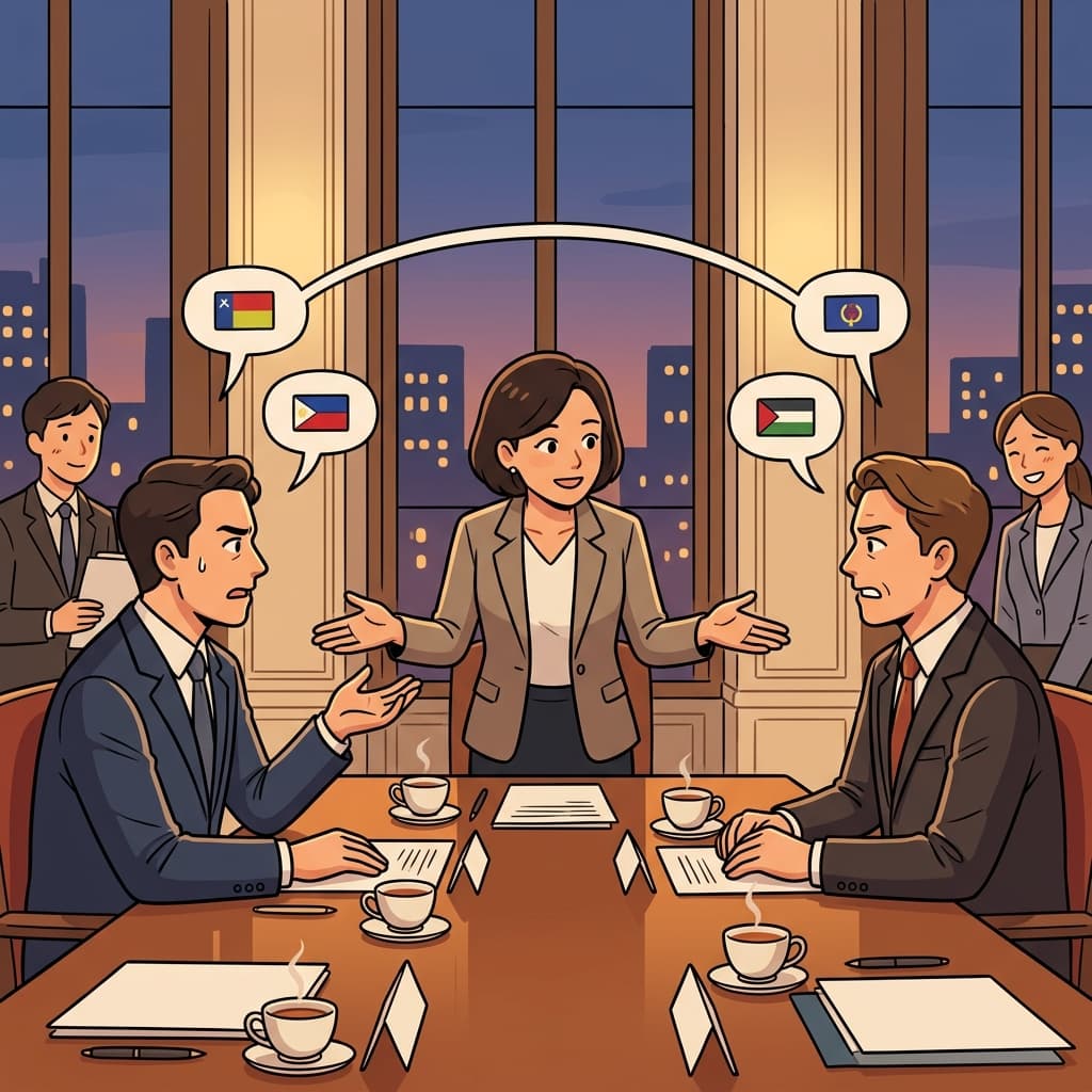 The skilled interlocutor bridges two diplomats who speak different languages.