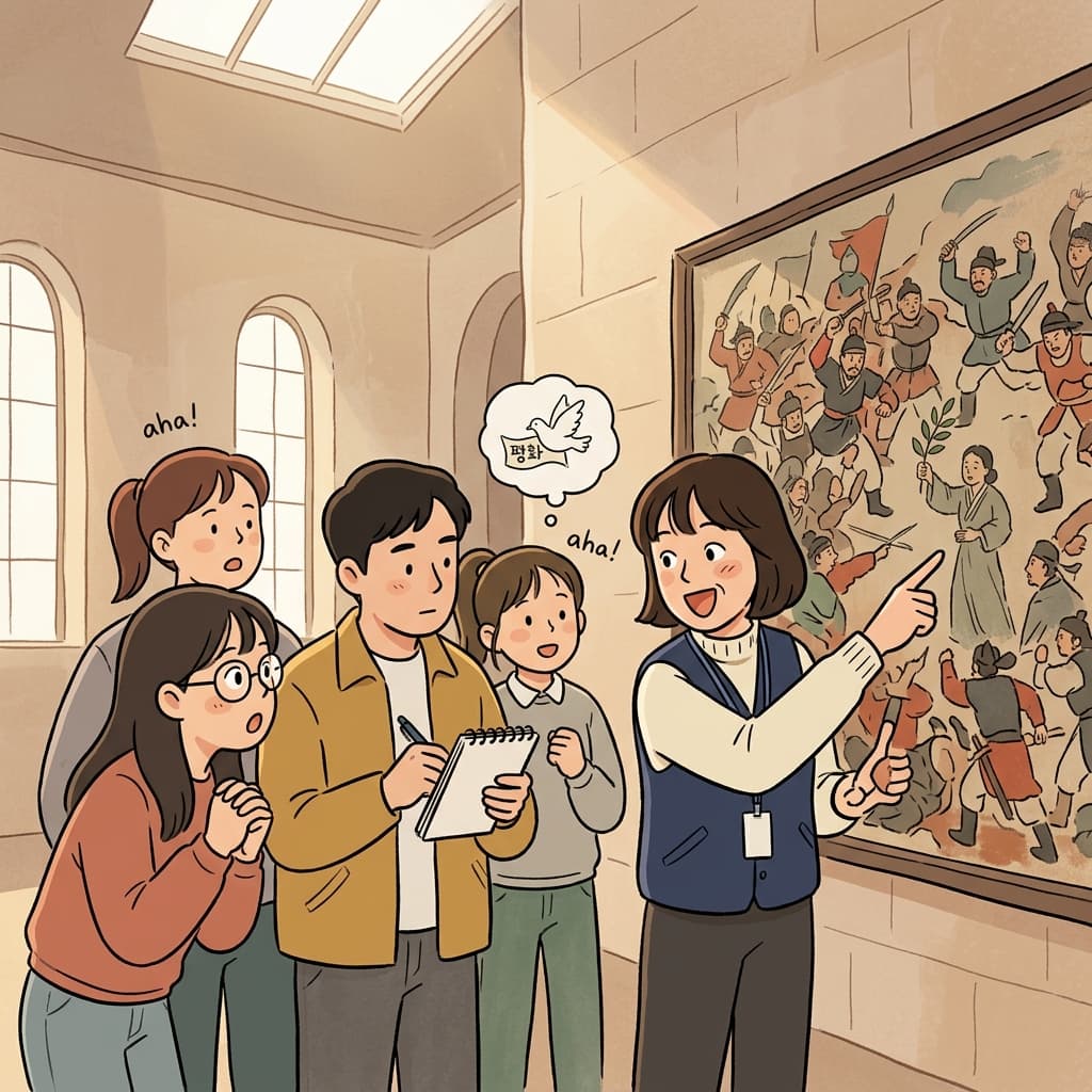 The museum guide gives an interpretive tour, explaining what each ancient painting really means.