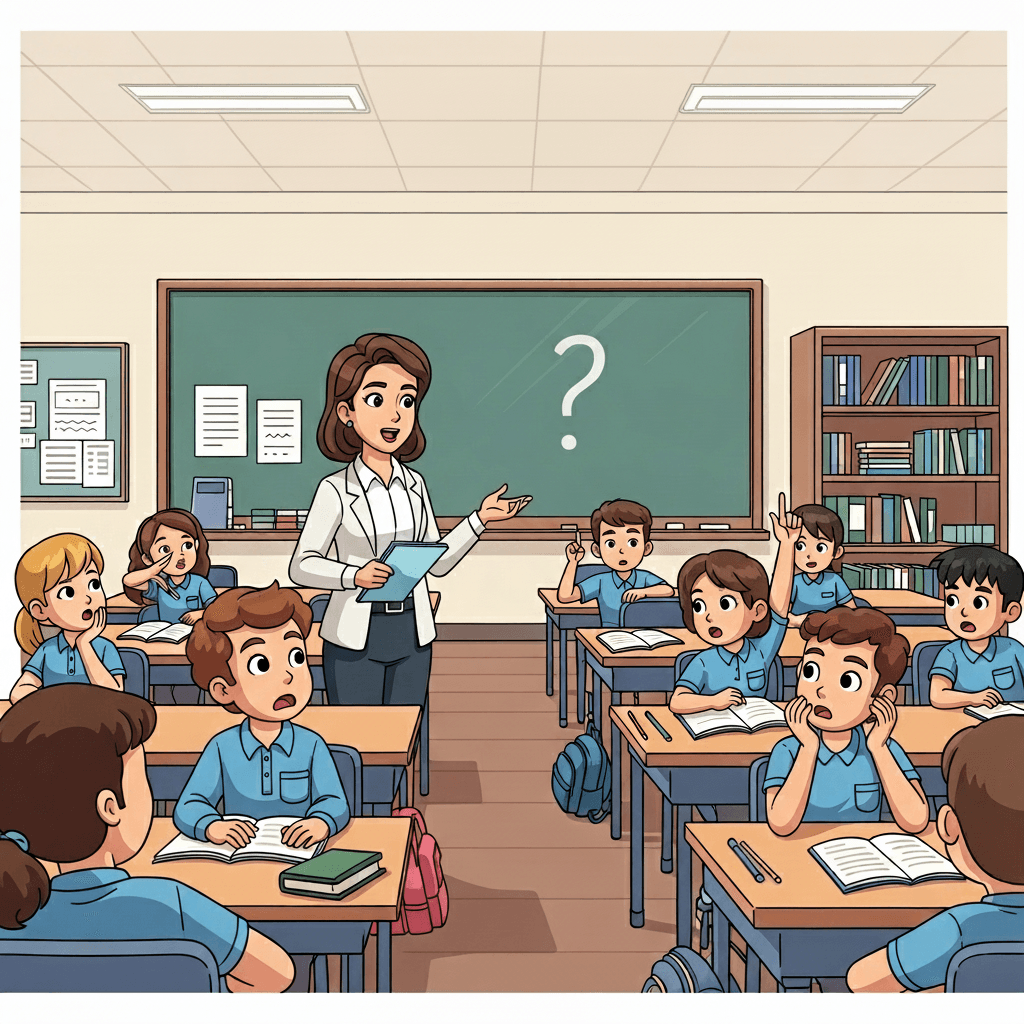 The teacher pauses the lesson when a student suddenly interrupts.