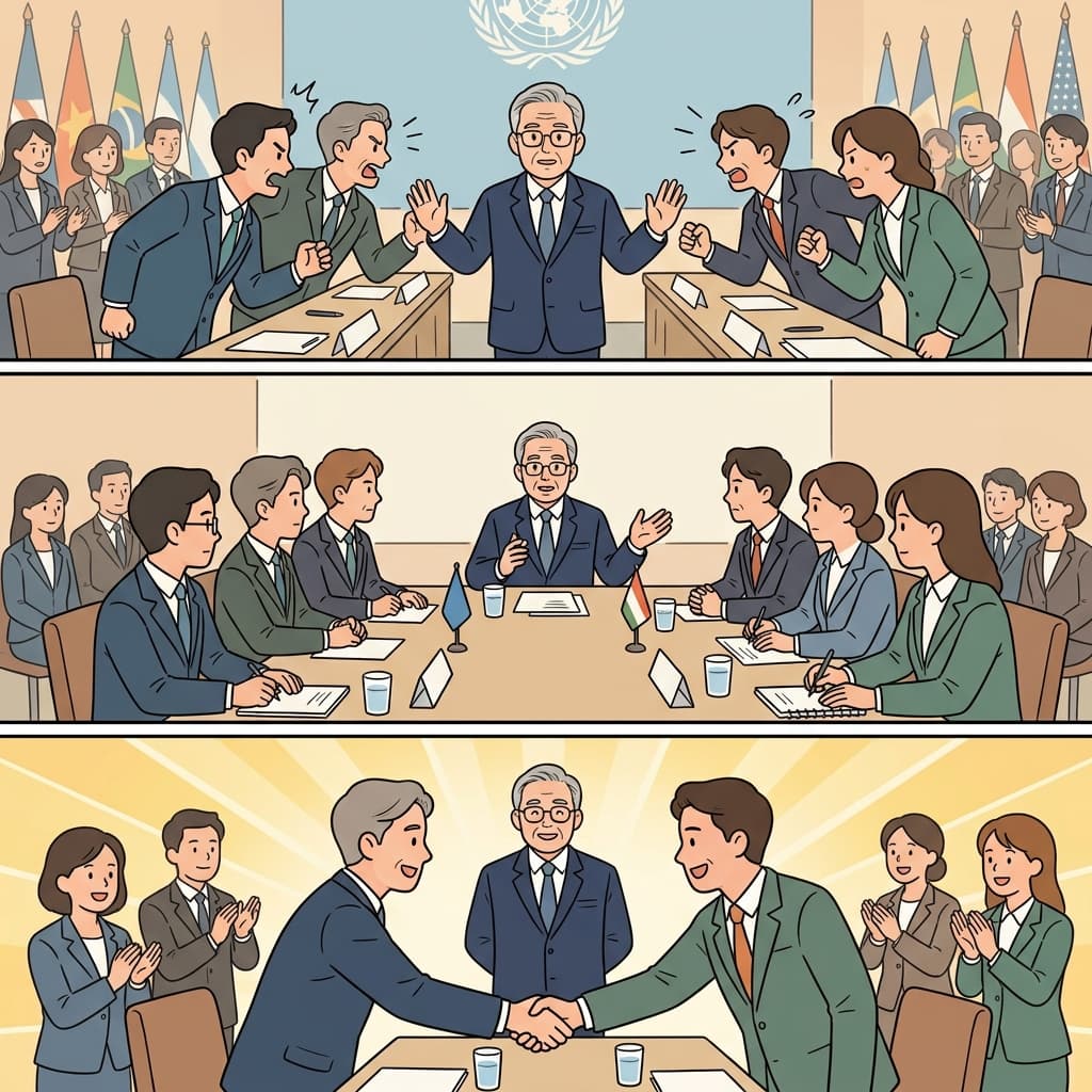 After the mediator's intervention, the leaders gathered at a convention and celebrated the peace agreement.
