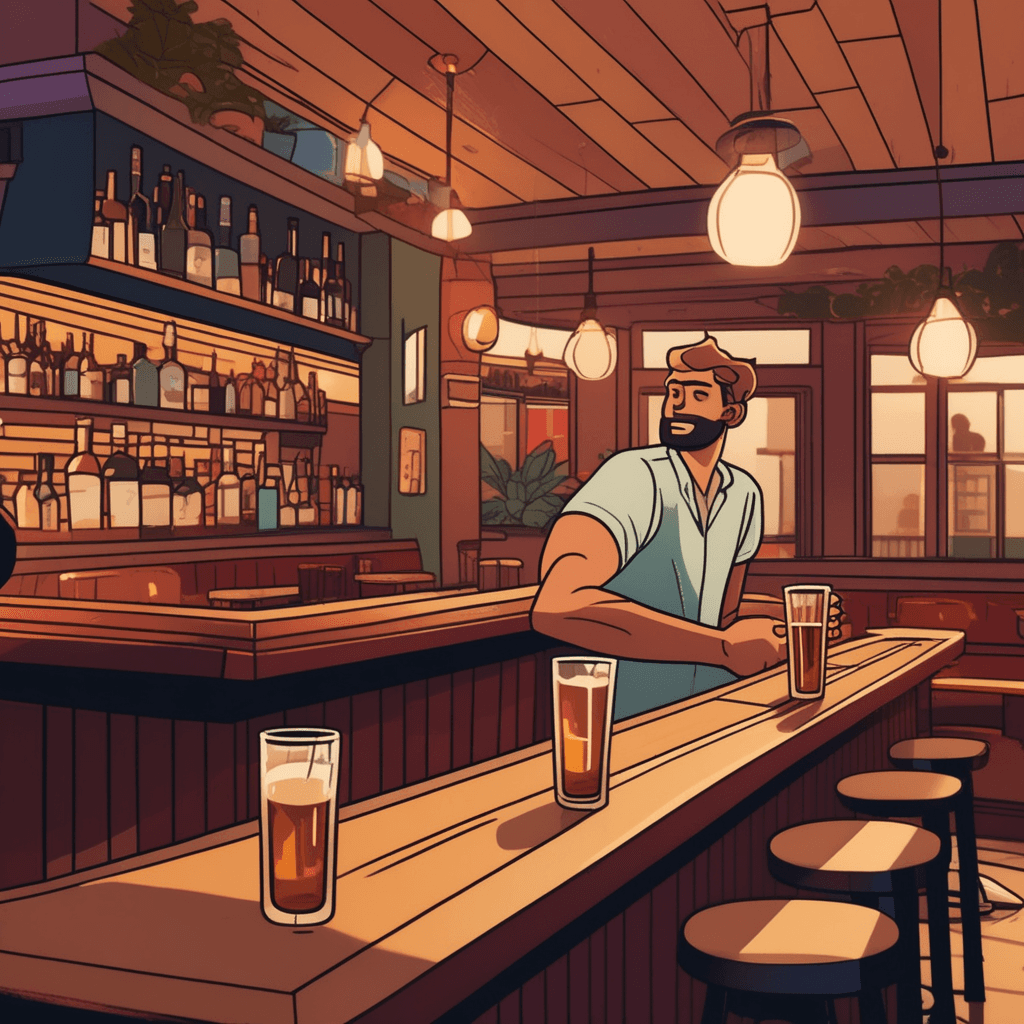a person sits at the bar holding a glass while swaying slightly in their chair. Their eyes appear glazed and unfocused as they struggle to maintain balance. The bartender behind the counter watches with concern as empty glasses accumulate nearby. The person's coordination becomes visibly impaired as they reach unsteadily for their drink. Other patrons at nearby tables notice the person's increasingly unsteady behavior. someone becoming drunk and under the influence of alcohol