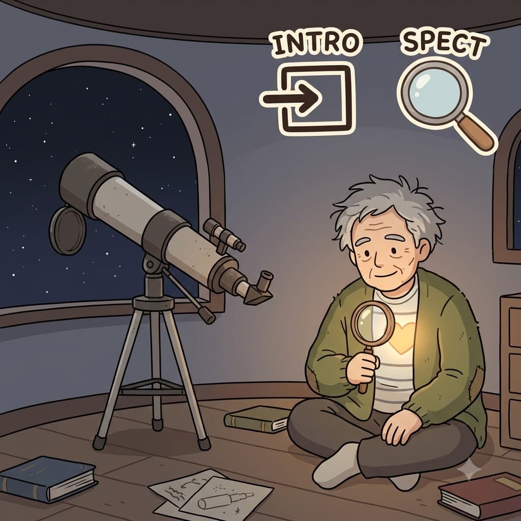 INTRO(inside) + SPECT(look) — putting down the telescope, the astronomer began a quiet moment of introspection.
