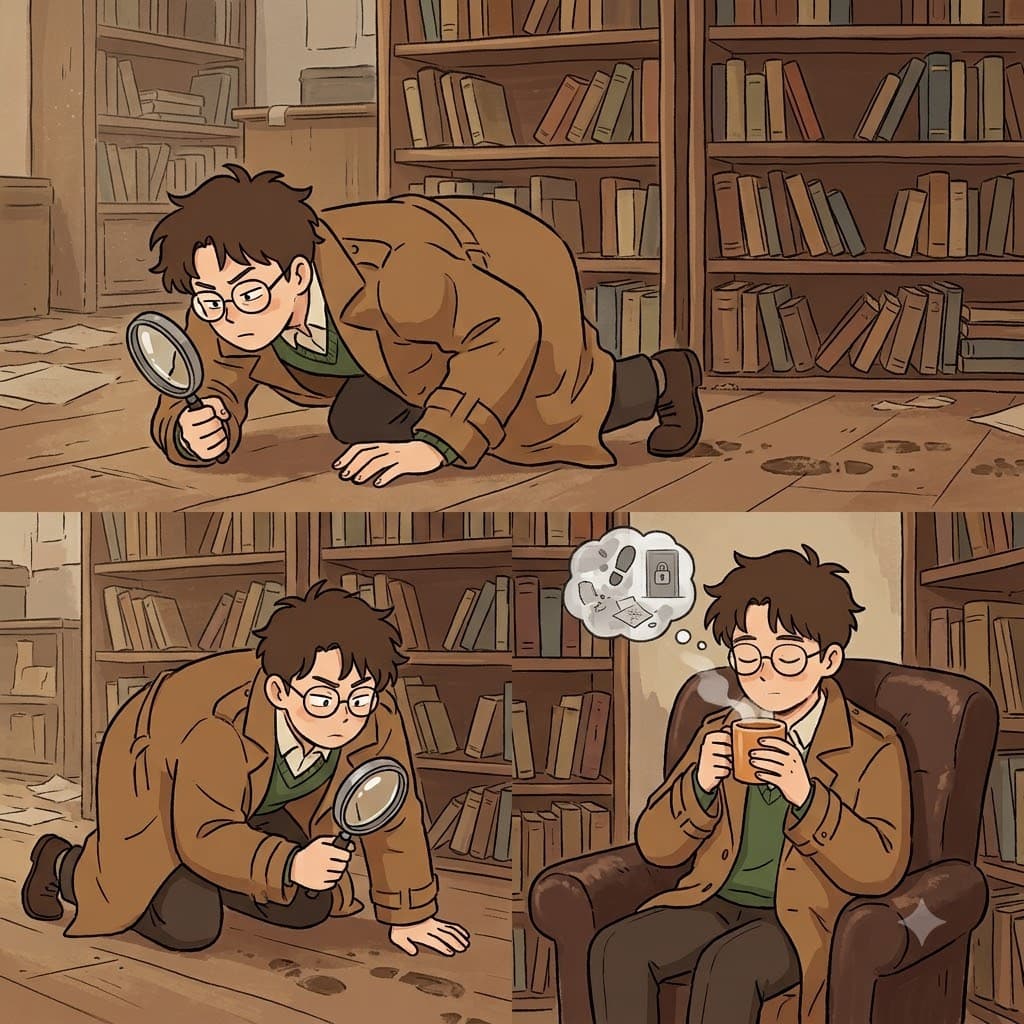 The famous detective stopped searching for clues and spent a quiet moment in introspection.