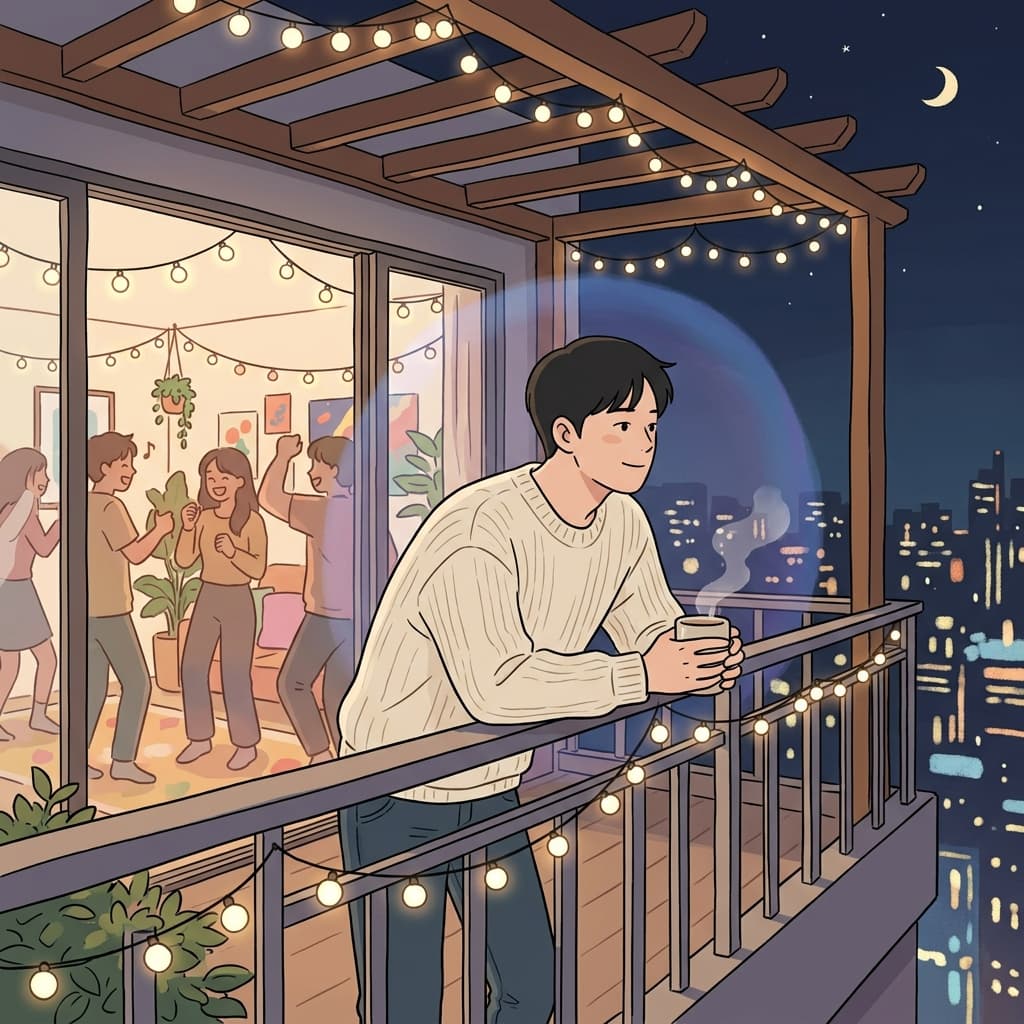 Even at the lively party, his introversive nature pulled him toward the quiet balcony.