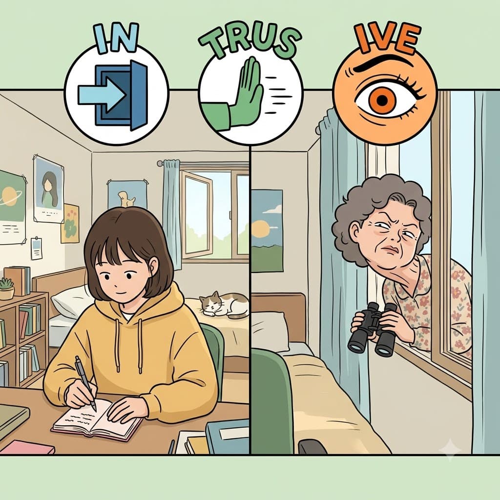 IN(into) + TRUS(thrust) + IVE(nature) — possessing a nature(IVE) to aggressively TRUS(thrust) herself IN(into) other people's homes, the nosy neighbor was highly intrusive.