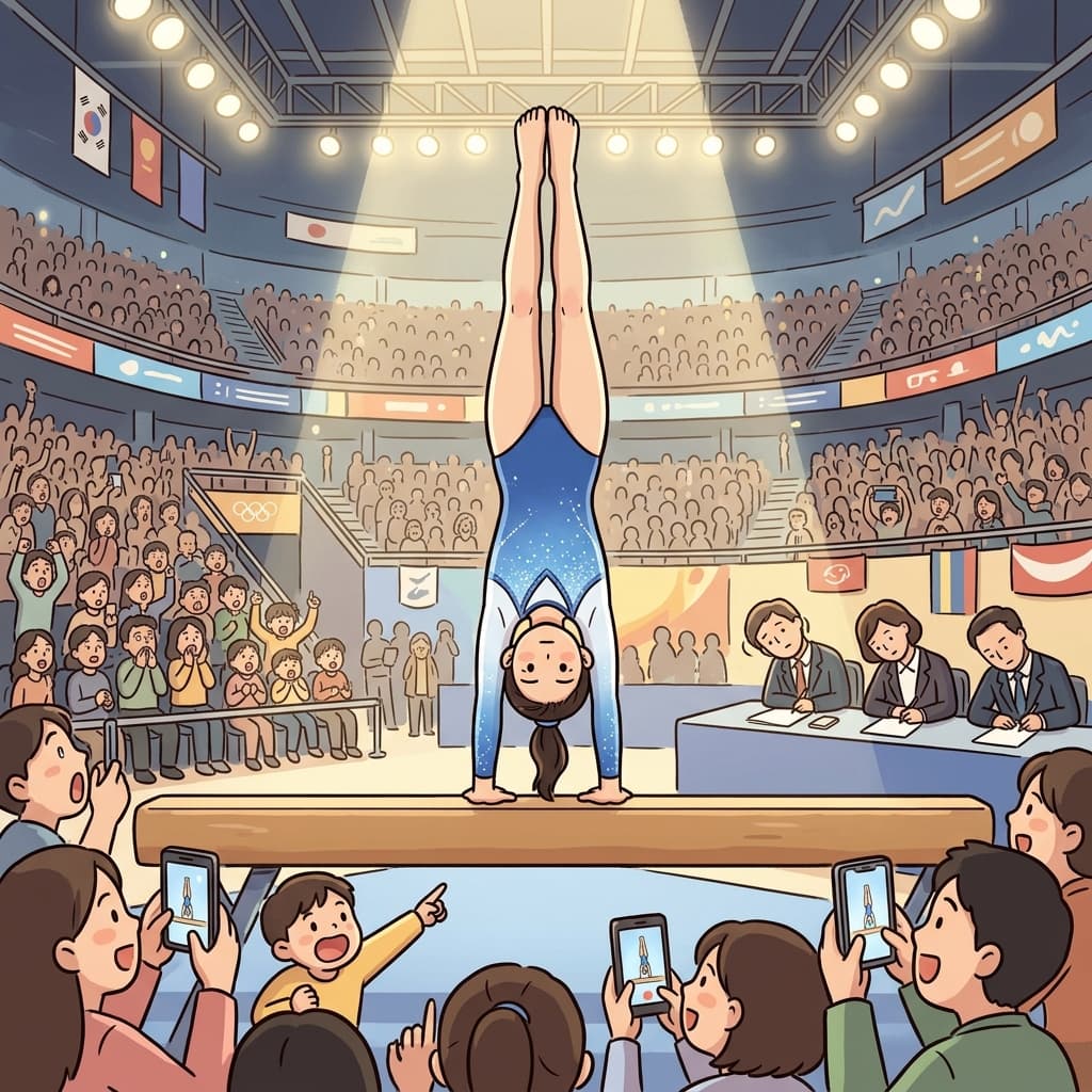 The gymnast's inversion on the balance beam left the crowd breathless.