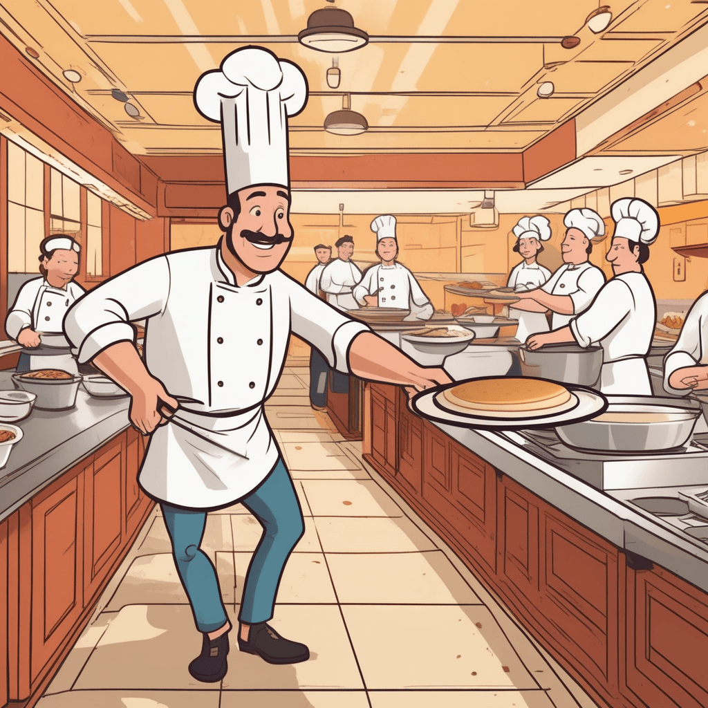 a chef confidently flips a large pancake high into the air with a quick wrist motion. The pancake spins completely around as it flies upward from the pan. What was the bottom golden-brown side is now facing up as it falls back down. The previously top pale side now faces downward toward the hot pan below. Other kitchen staff pause their work to watch the impressive pancake flip. A sous chef nearby nods approvingly at the skillful technique. the pancake being inverted from its original position through the flipping action