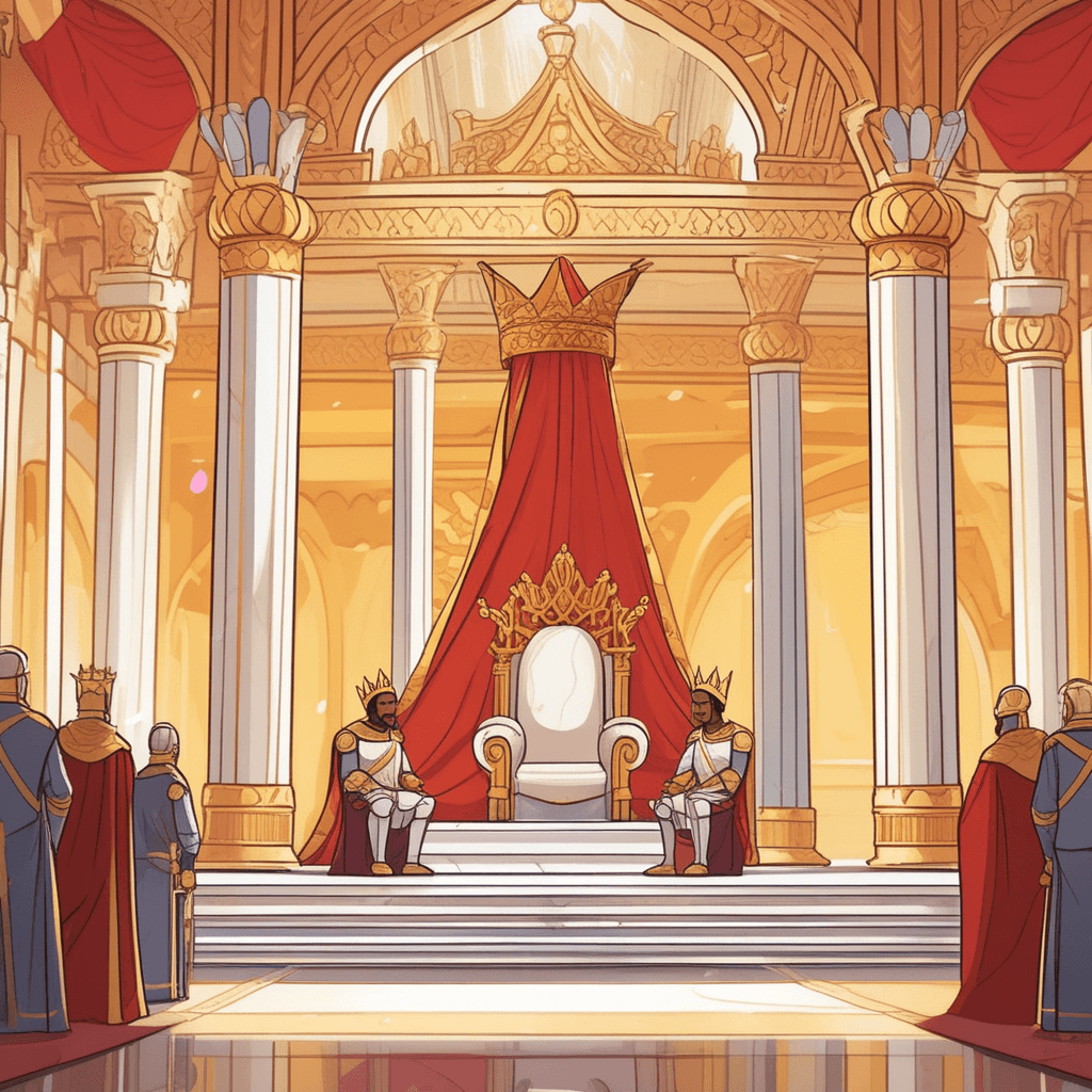 a majestic king in royal robes places a gleaming sword gently on the shoulder of a kneeling knight. The knight bows his head respectfully while wearing polished armor that reflects the golden light. As the sword touches his shoulder, the knight's status transforms from ordinary soldier to honored knight of the realm. Royal court members and nobles gather around the throne watching the sacred ritual with reverence. Guards stand at attention while courtiers observe from ornate balconies above. a ceremony at which a person is formally invested with honors or office