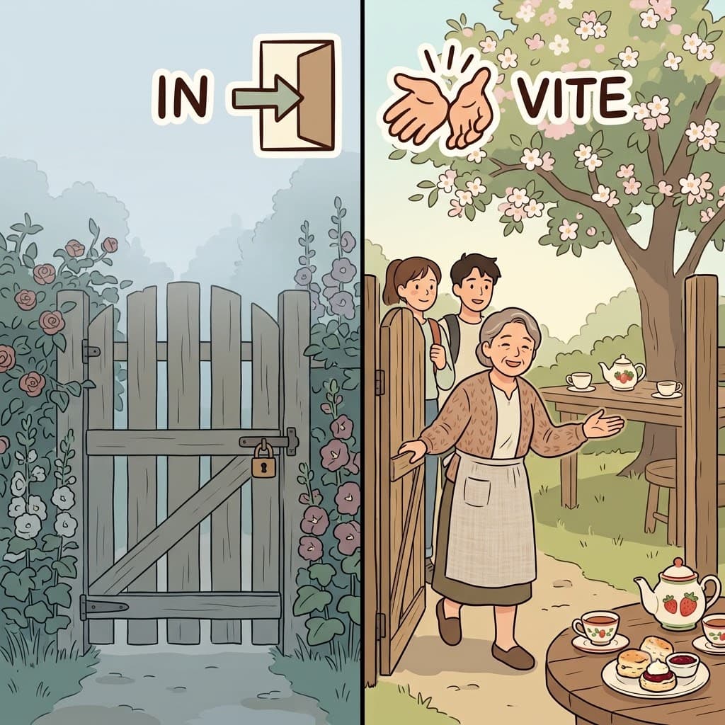 IN (inside) + VITE (warmly ask) — by opening his garden gate and asking neighbors to step IN, he offered a warm invitation.
