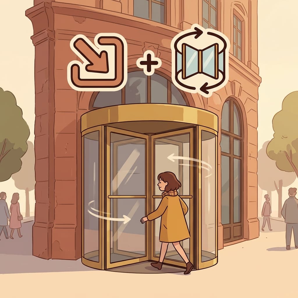 Once she stepped into the revolving door, she was involved. (IN + REVOLVE = INVOLVED → once you are IN the REVOLVE, you are involved)