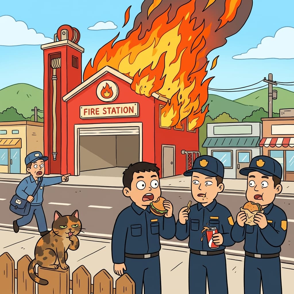 Ironically, the fire station burned down while firefighters were out at lunch.
