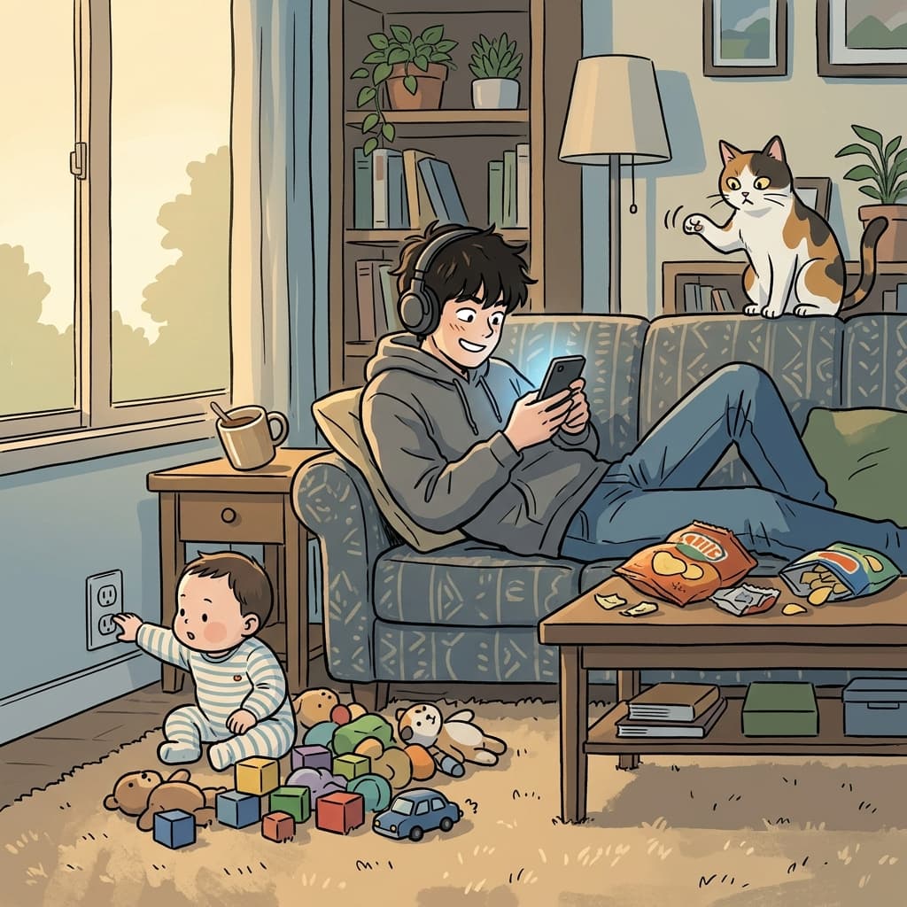 He left the baby alone to scroll his phone — totally irresponsible.