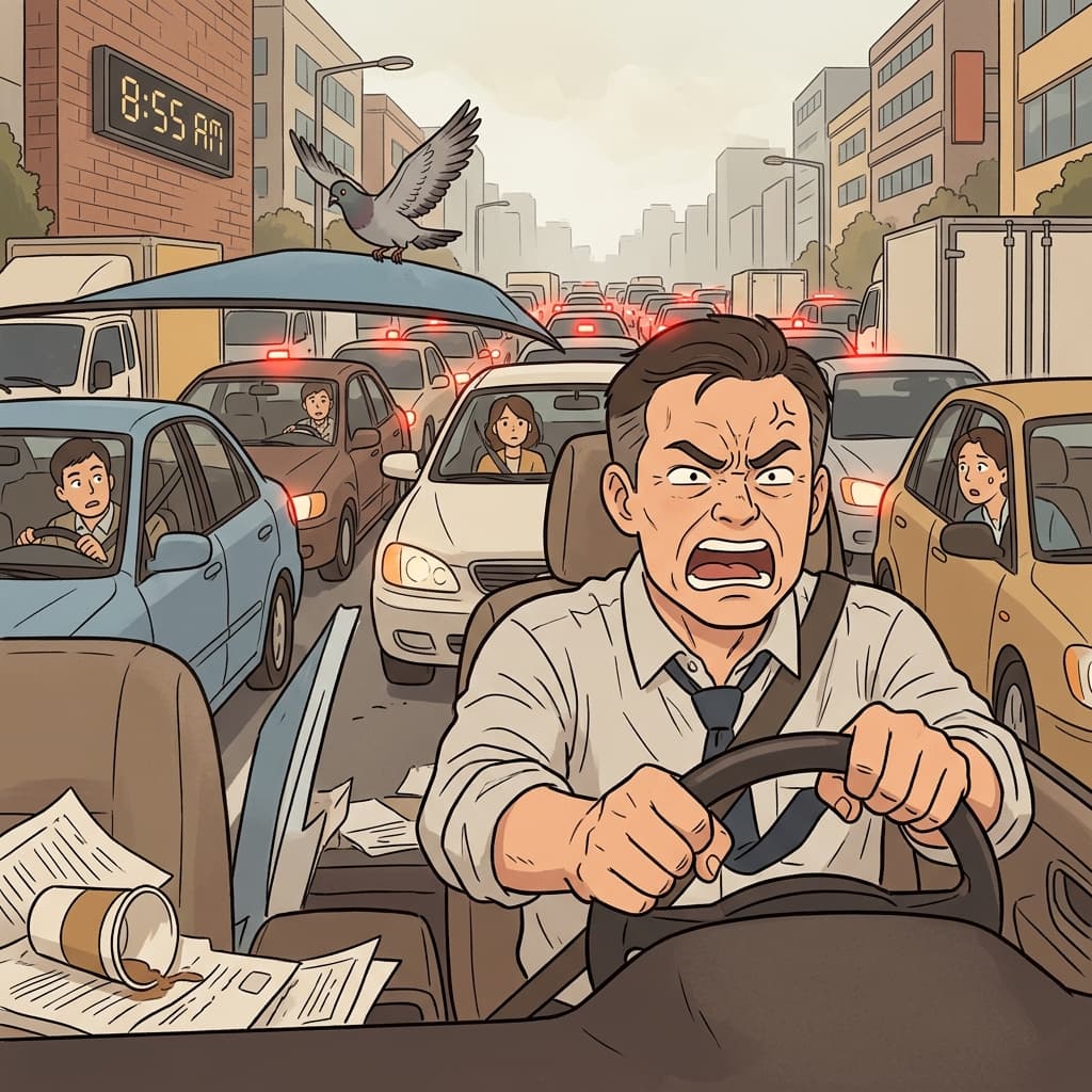 He gets irritable when traffic makes him late for work.