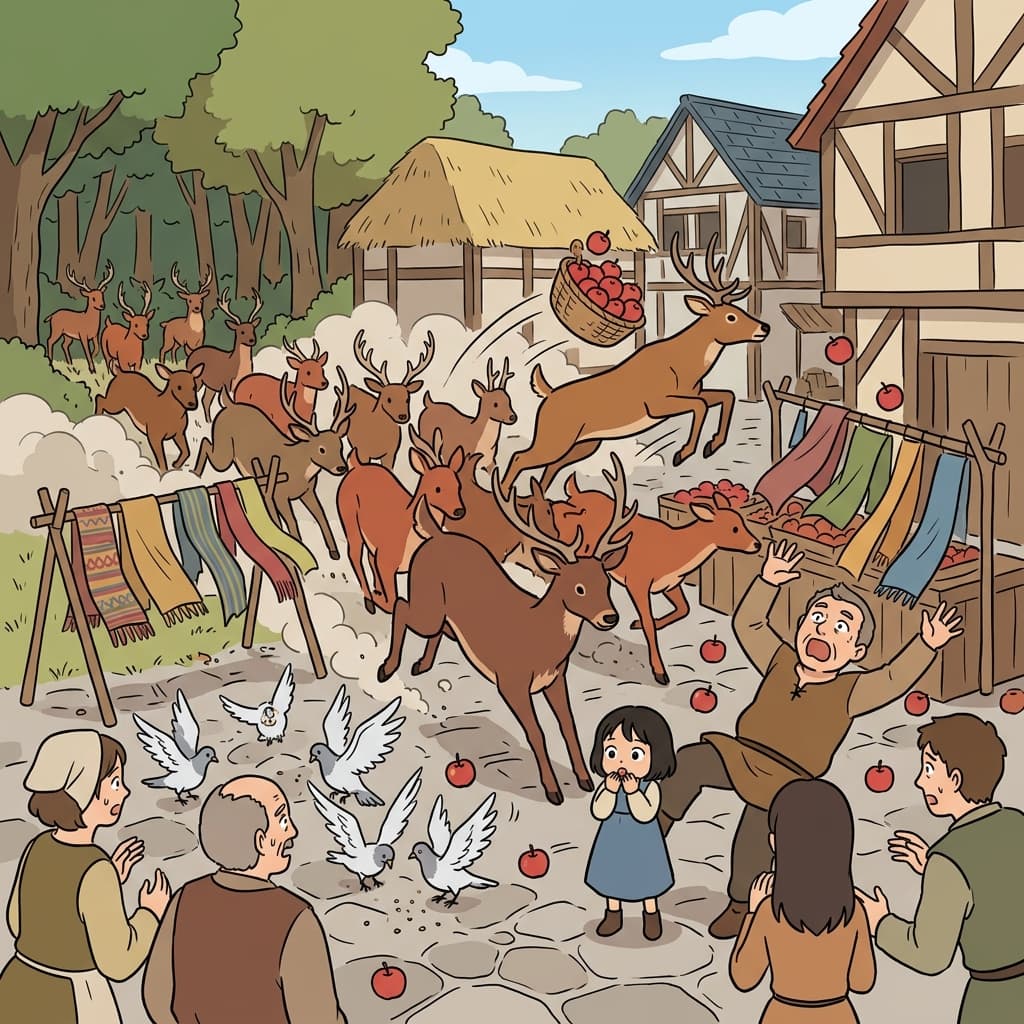 Wild deer irrupt into the quiet village square, scattering market stalls everywhere.