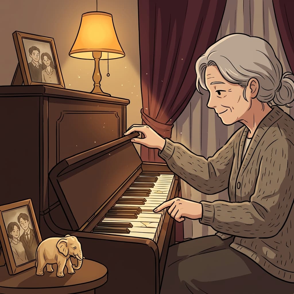 The old piano's ivory keys still gleam under the parlor lamp.