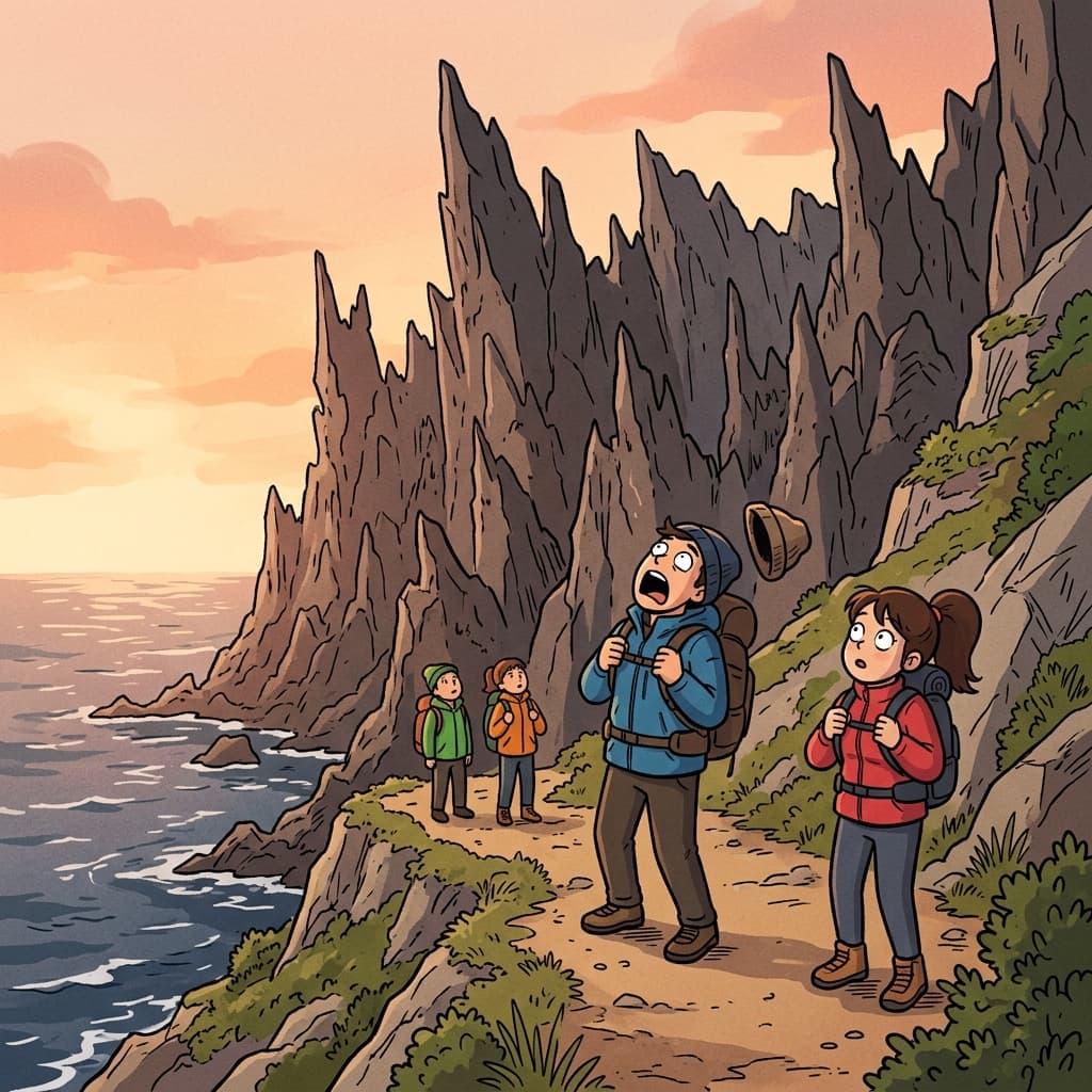The jagged cliffs along the coast made the hikers stop in awe.