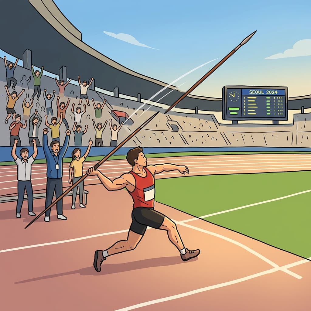 The athlete hurls the javelin across the stadium with explosive force.