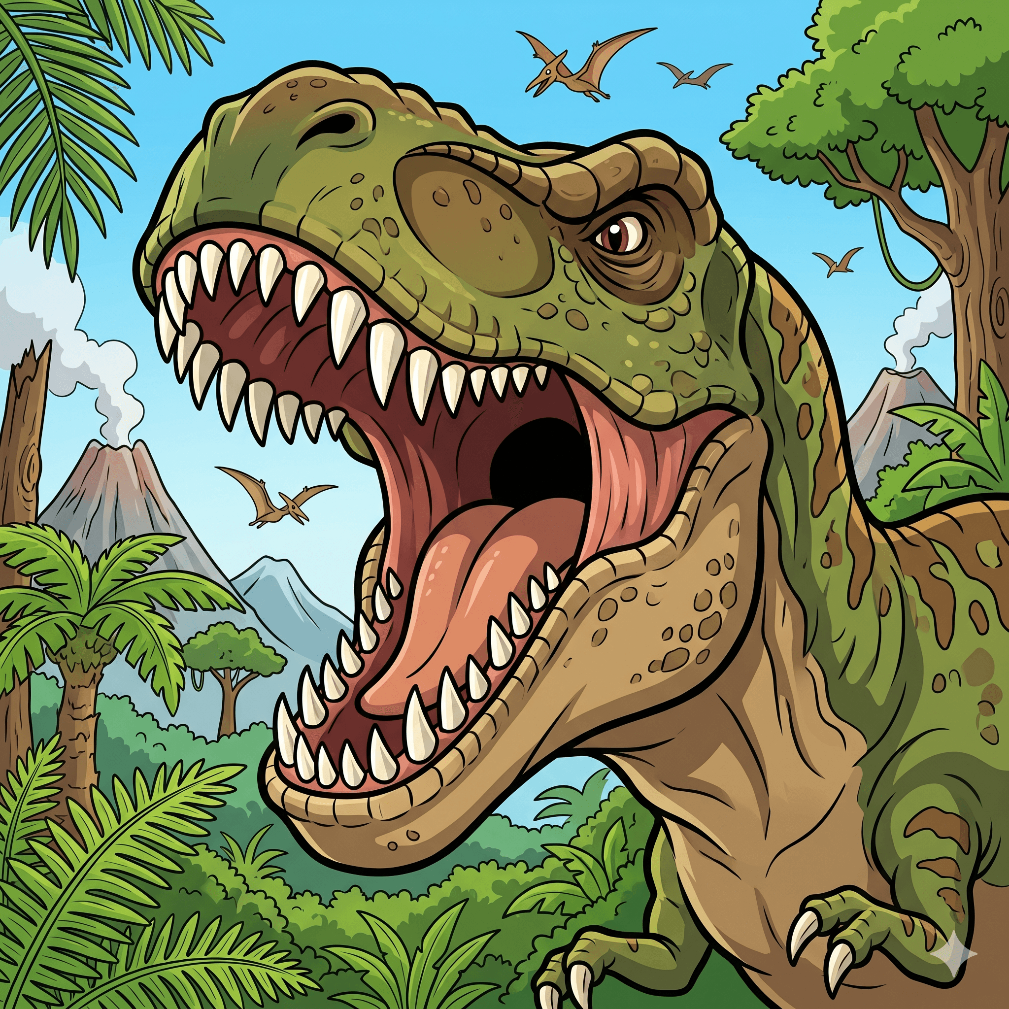 The mighty Tyrannosaurus Rex opens its enormous jaw to roar across the jungle.