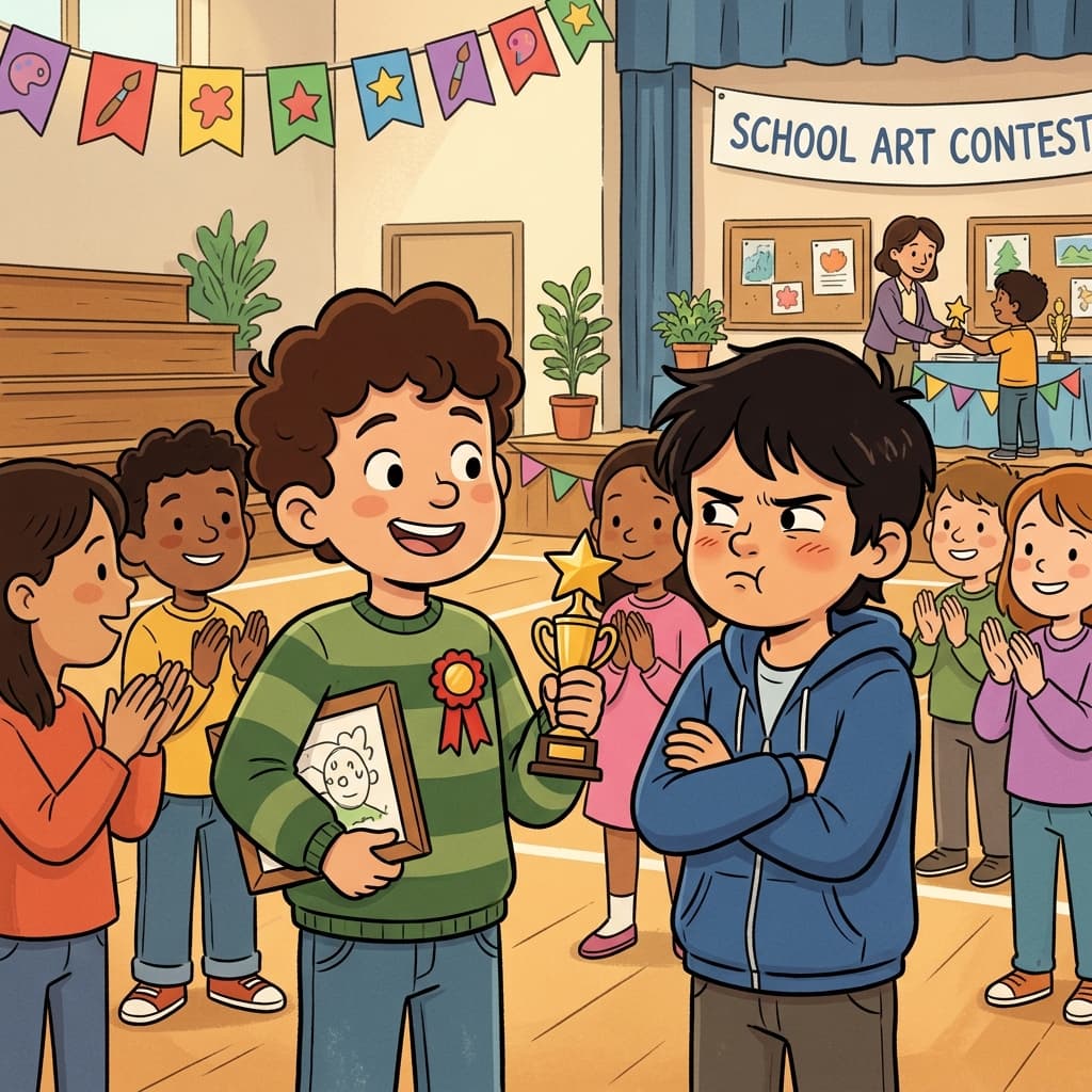 The boy felt jealousy when his friend won the art contest.