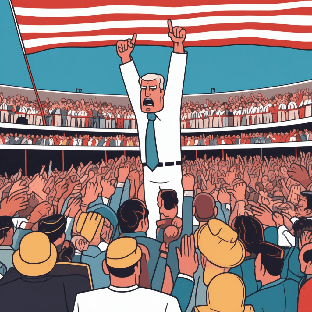 a politician with raised fists shouts aggressively while pointing toward distant flags of other countries. His face shows intense anger as he pounds the podium with his other hand. The crowd behind him waves their own national flags enthusiastically and cheers with raised arms. Their expressions mirror the speaker's aggressive fervor as they respond to his warlike rhetoric. extreme patriotism in the form of aggressive and warlike attitudes toward other nations