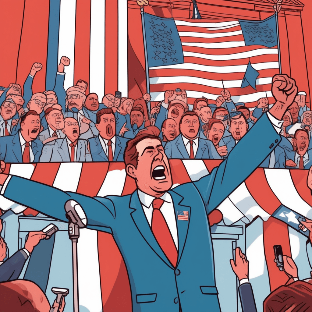 a politician waves multiple flags while shouting passionately at a microphone. His face is red with intensity as he pounds his fist on the podium demanding military action. Behind him, enormous flags and patriotic banners dominate the backdrop. His aggressive gestures and furious expression show him calling for war against other nations. The crowd below raises their fists and cheers wildly at his warlike rhetoric. Some supporters hold up more flags and patriotic symbols in excessive displays. a person who professes their patriotism loudly and excessively while favoring aggressive foreign policy
