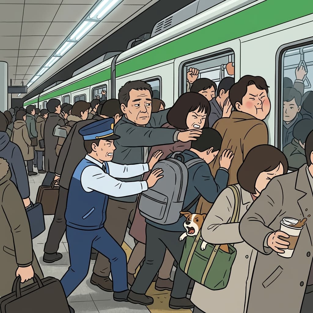 Commuters jostle each other trying to squeeze onto the packed morning subway.
