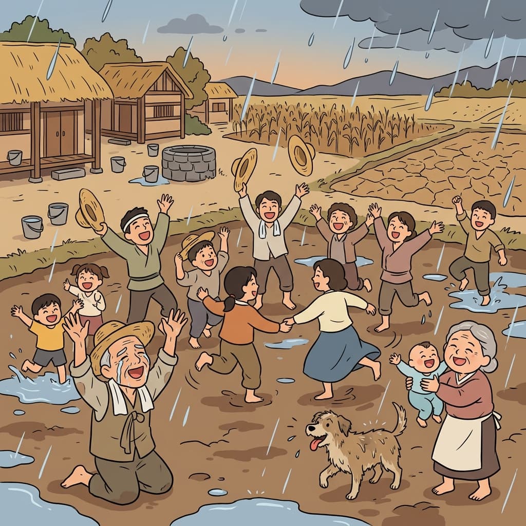 The villagers jubilate as the long drought finally ends with pouring rain.