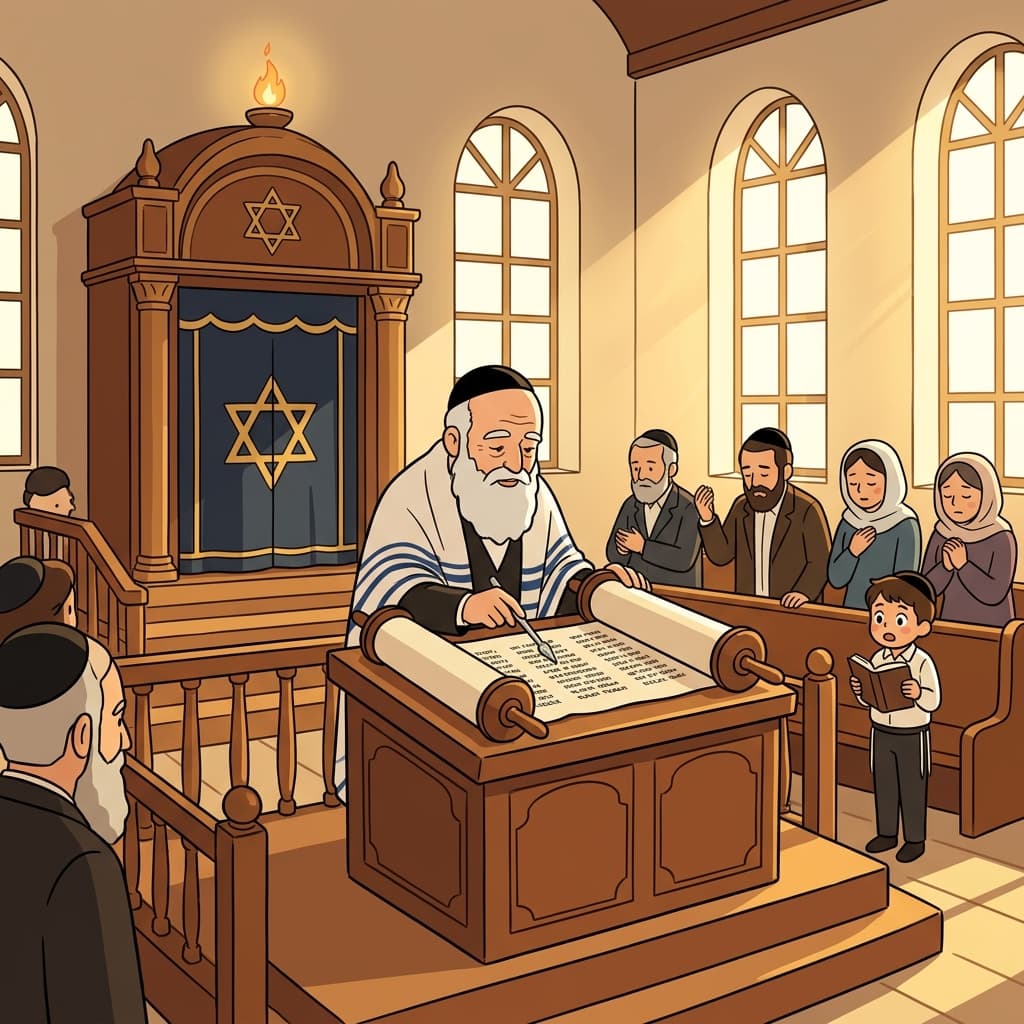 An elderly rabbi reads the Torah scroll as Judaism's traditions come alive in the synagogue.