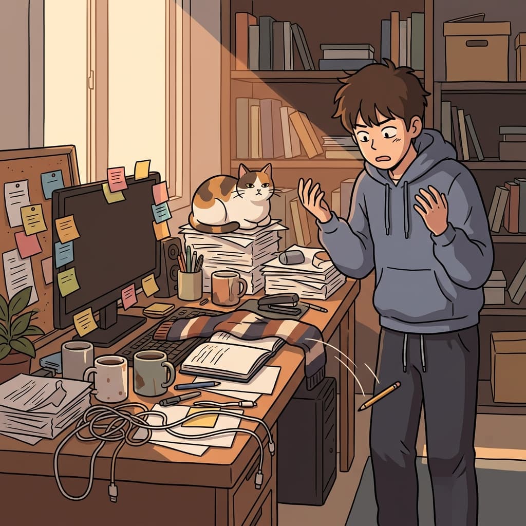 His desk is a jumble of papers, mugs, and tangled cables.