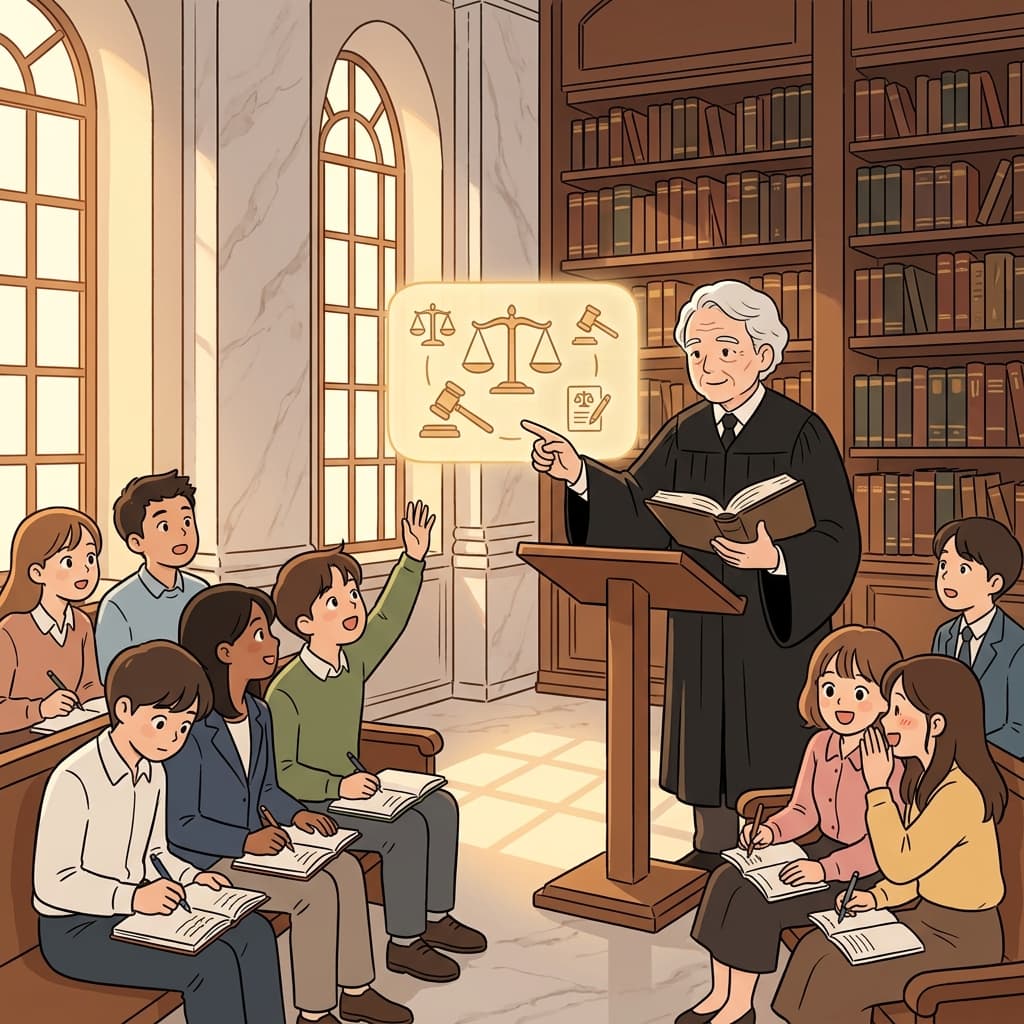 The old judge explains jurisprudence to eager law students in the marble courthouse.