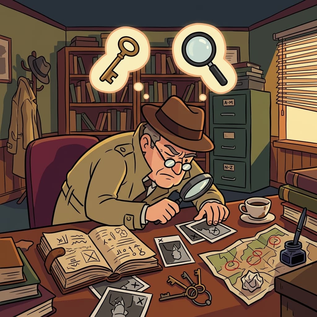 The detective examined every clue keenly. (KEY IN → KEENLY → paying very close attention)
