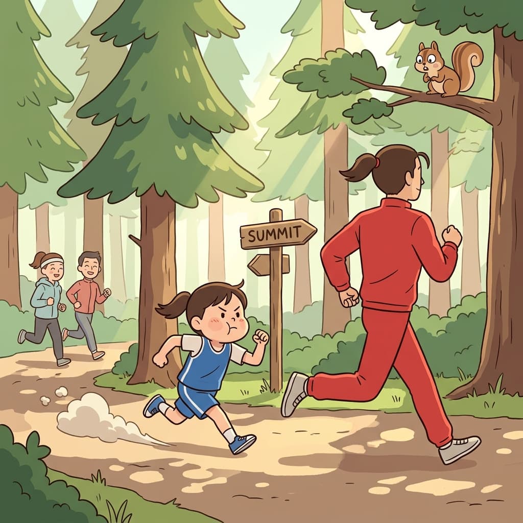 She runs hard to keep up with her older brother on the trail.