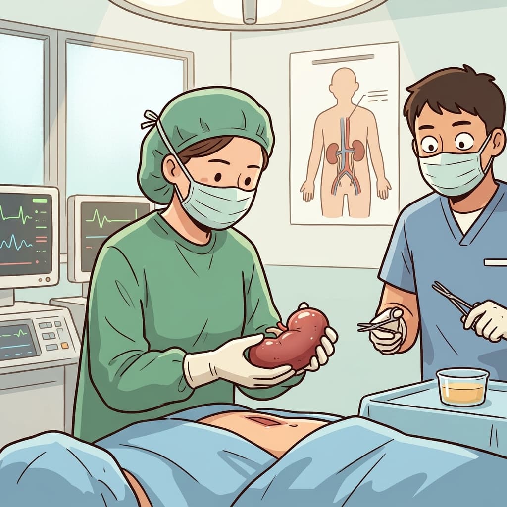 The surgeon carefully transplants a healthy kidney into the waiting patient.