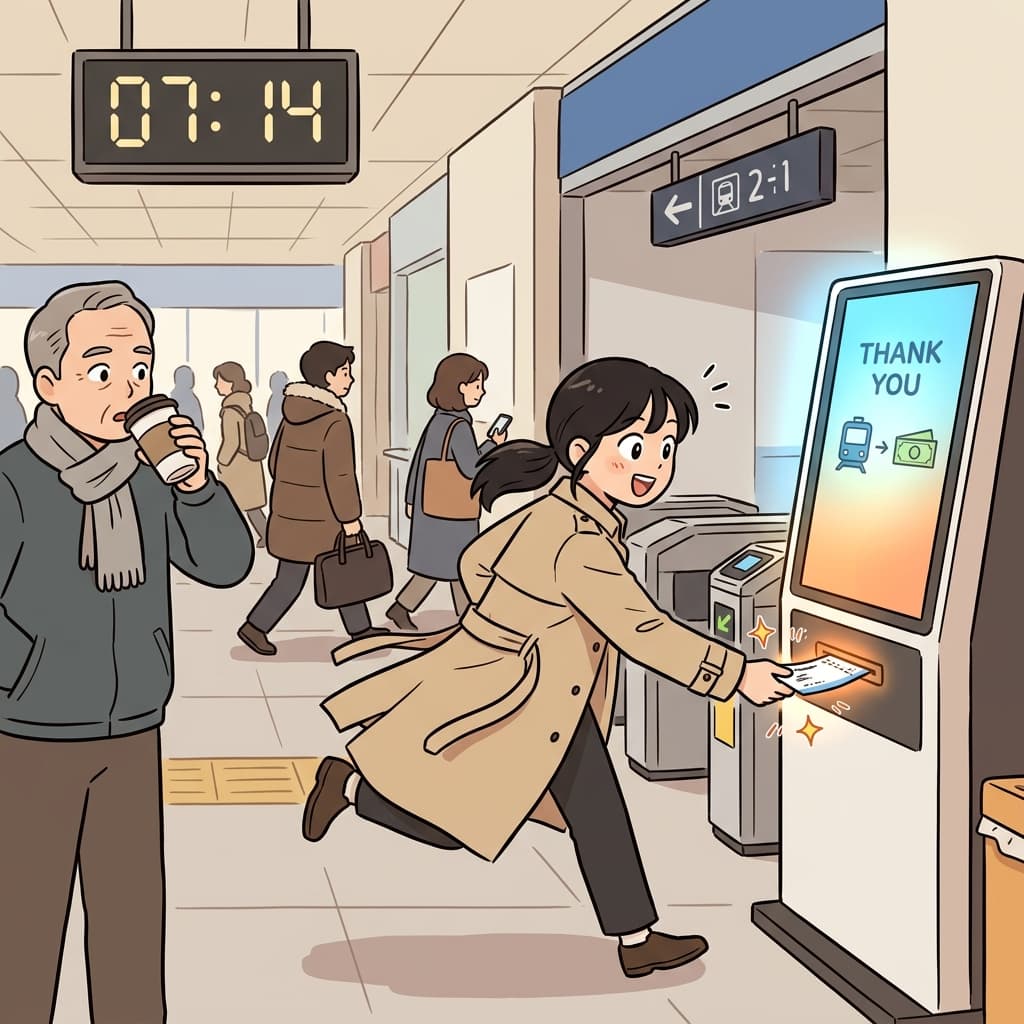 She quickly buys a train ticket from the self-service kiosk before boarding.