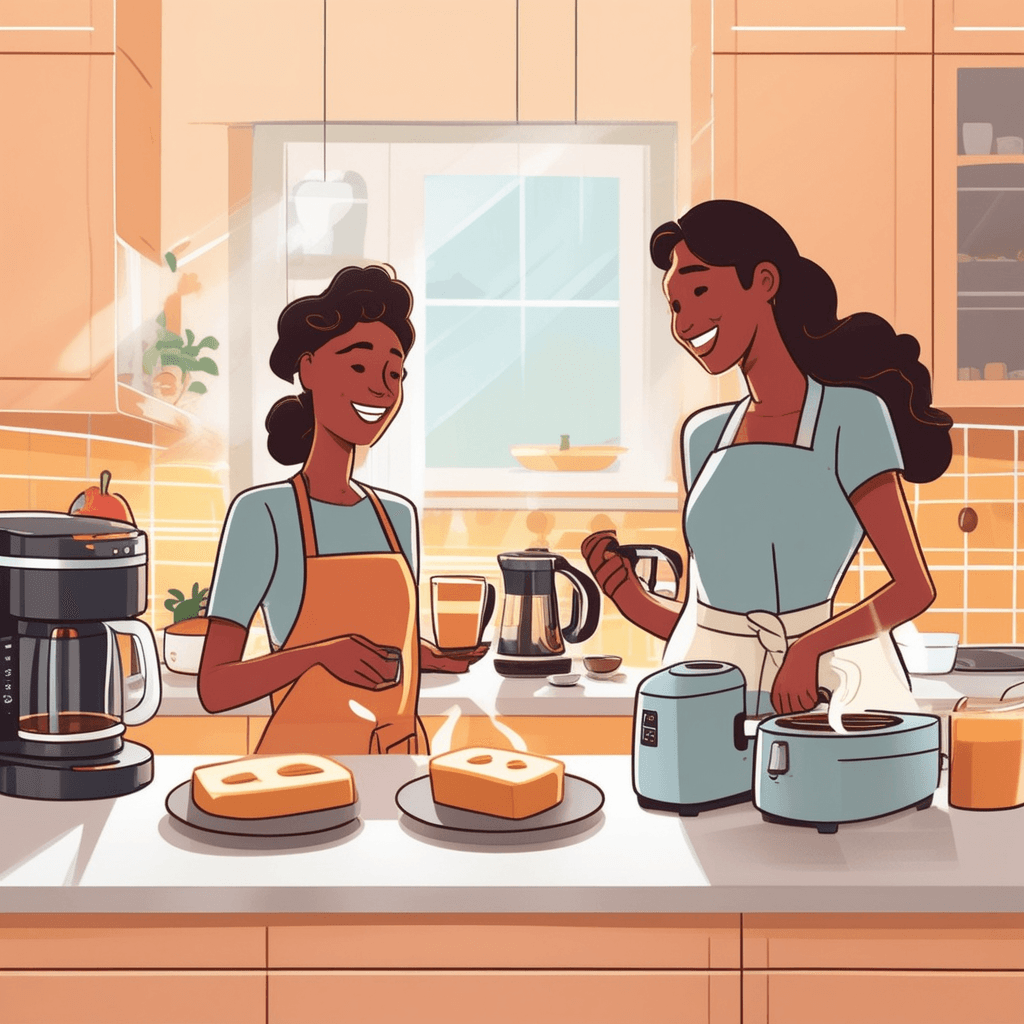 a mother operates a sleek coffee maker while steam rises from its brewing chamber. She simultaneously uses a toaster that pops up golden bread slices with a satisfying spring action. The microwave hums quietly as it reheats leftover pancakes, its interior light glowing warmly. A blender whirs smoothly as it mixes fresh fruit smoothies, creating colorful swirls inside its transparent pitcher. Her teenage daughter reaches for the toasted bread while checking eggs cooking in an electric skillet nearby. various electrical equipment designed for cooking, food preparation, and food storage working together in the kitchen