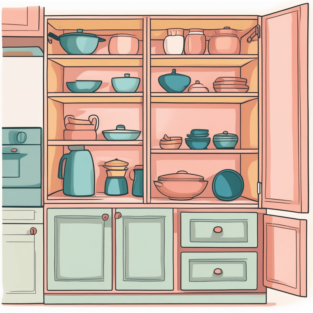 a cupboard with shelves or drawers for storing dishes, food, or cooking equipment in a kitchen
